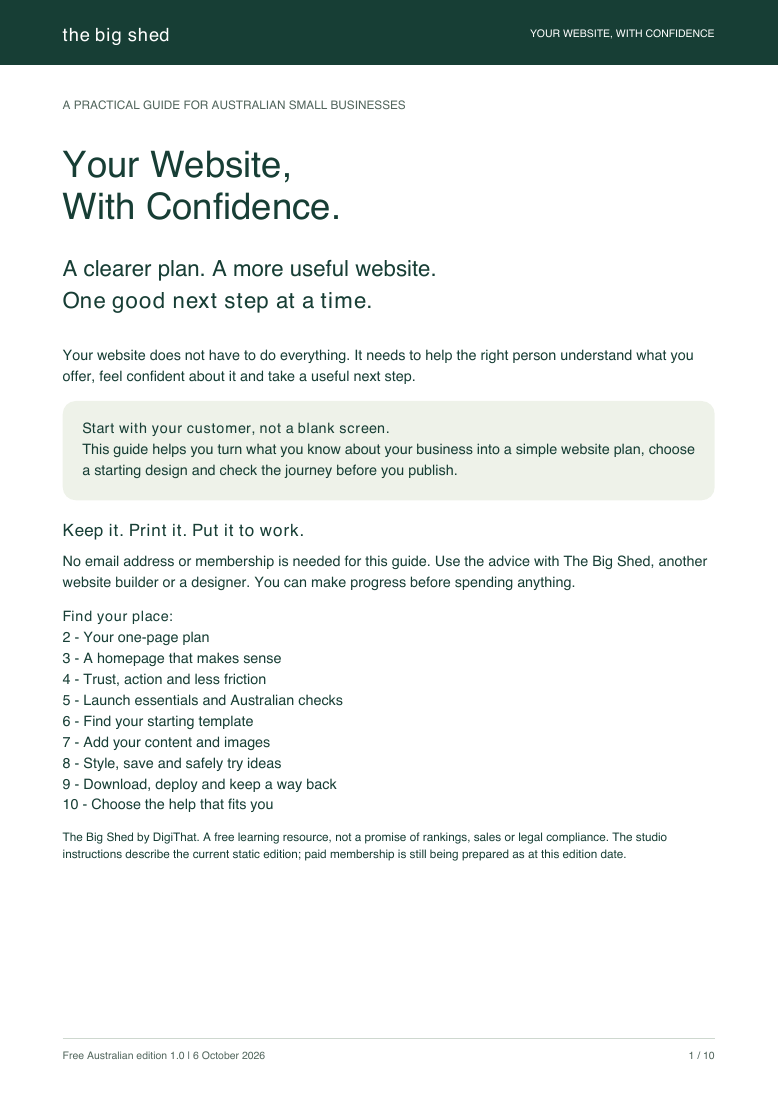 Cover of Your Website, With Confidence, the free guide from The Big Shed